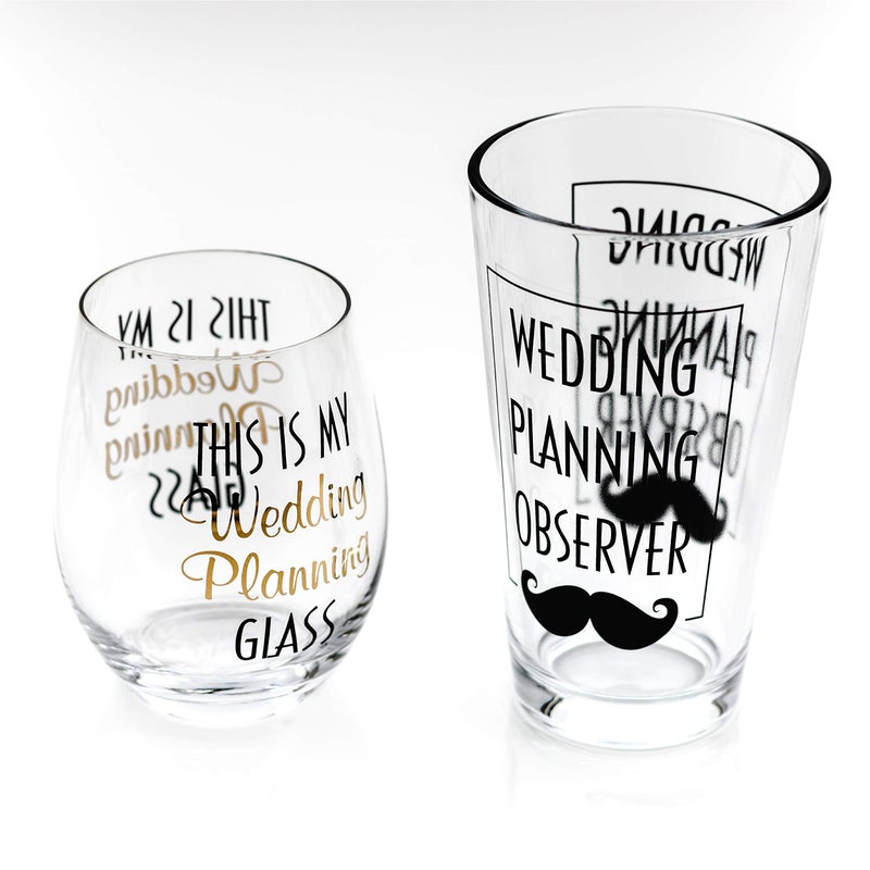 Greenline Goods â€“ Toasting Glasses for Bride and Groom | Set of Two (1 Beer & 1 Stemless Wine Glass) - Engagement Bachelorette Gifts for Bride Wedding Planning - Image 1